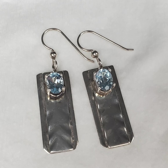 Hand Forged Sterling Silver Dangle Rectangle Earrings with Blue Topaz - Picture 9 of 13